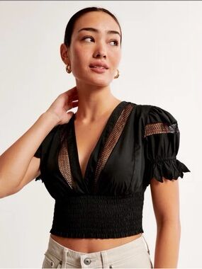 Abercrombie & Fitch Black V-Neck Smocked Lace Inset Crop Top with Puff Sleeve